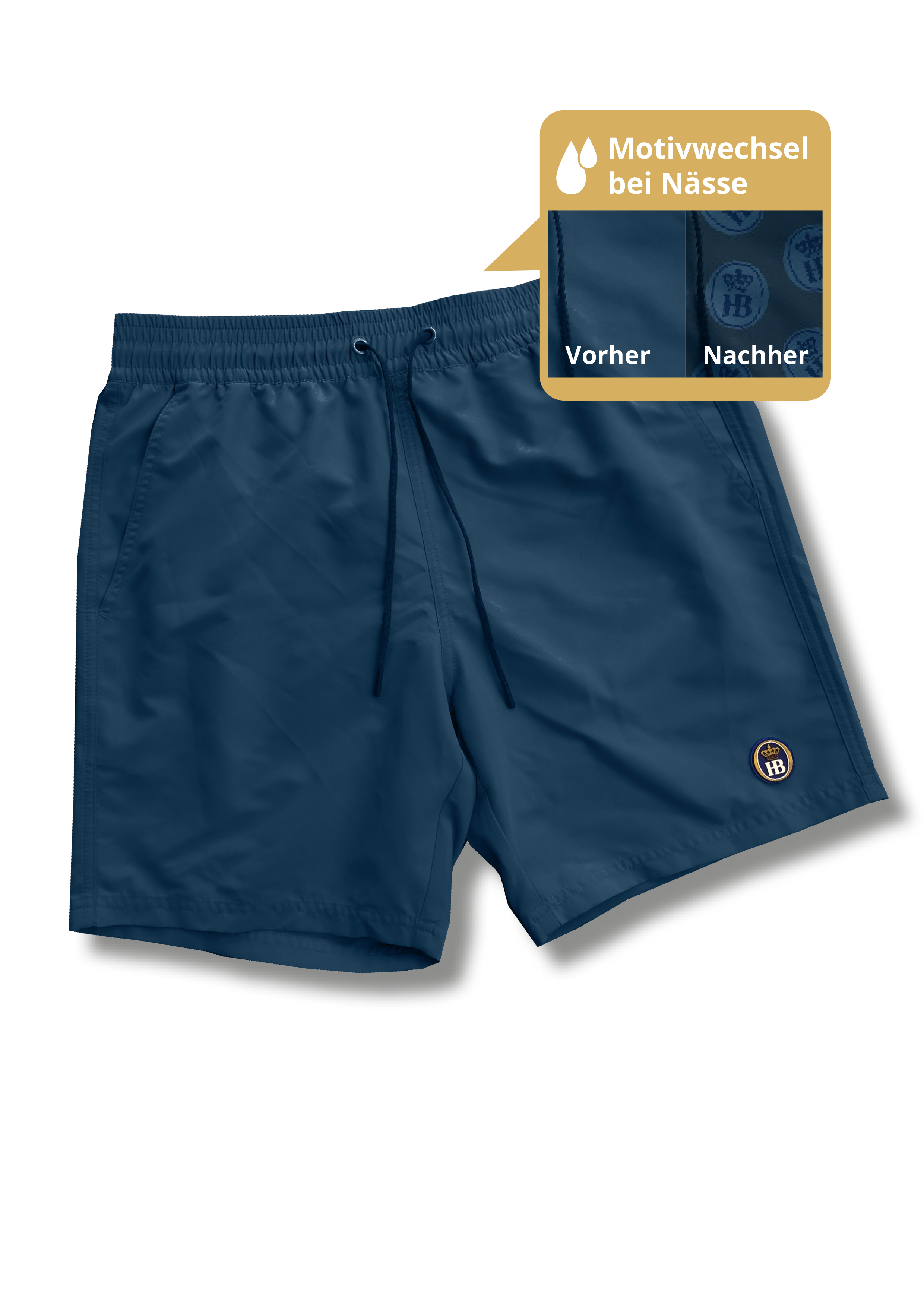 Dunkelblaue Badeshorts mit Farbwechsel-Motiv, das bei Nässe erscheint