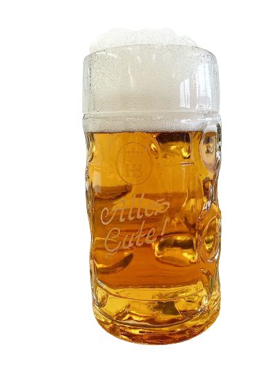 Hofbräuhaus Isarseidel Maßkrug  aus Glas mit der Aufschrift "Alles -Gute"