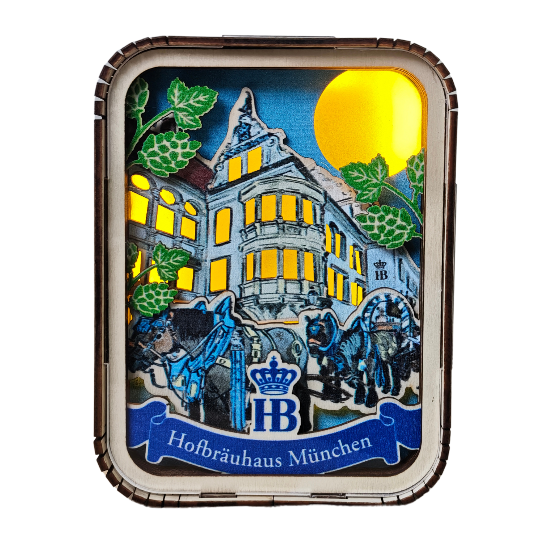 rechteckige LED-Holz-Lampe mit 3D Hofbräuhaus un Mond, beleuchtet