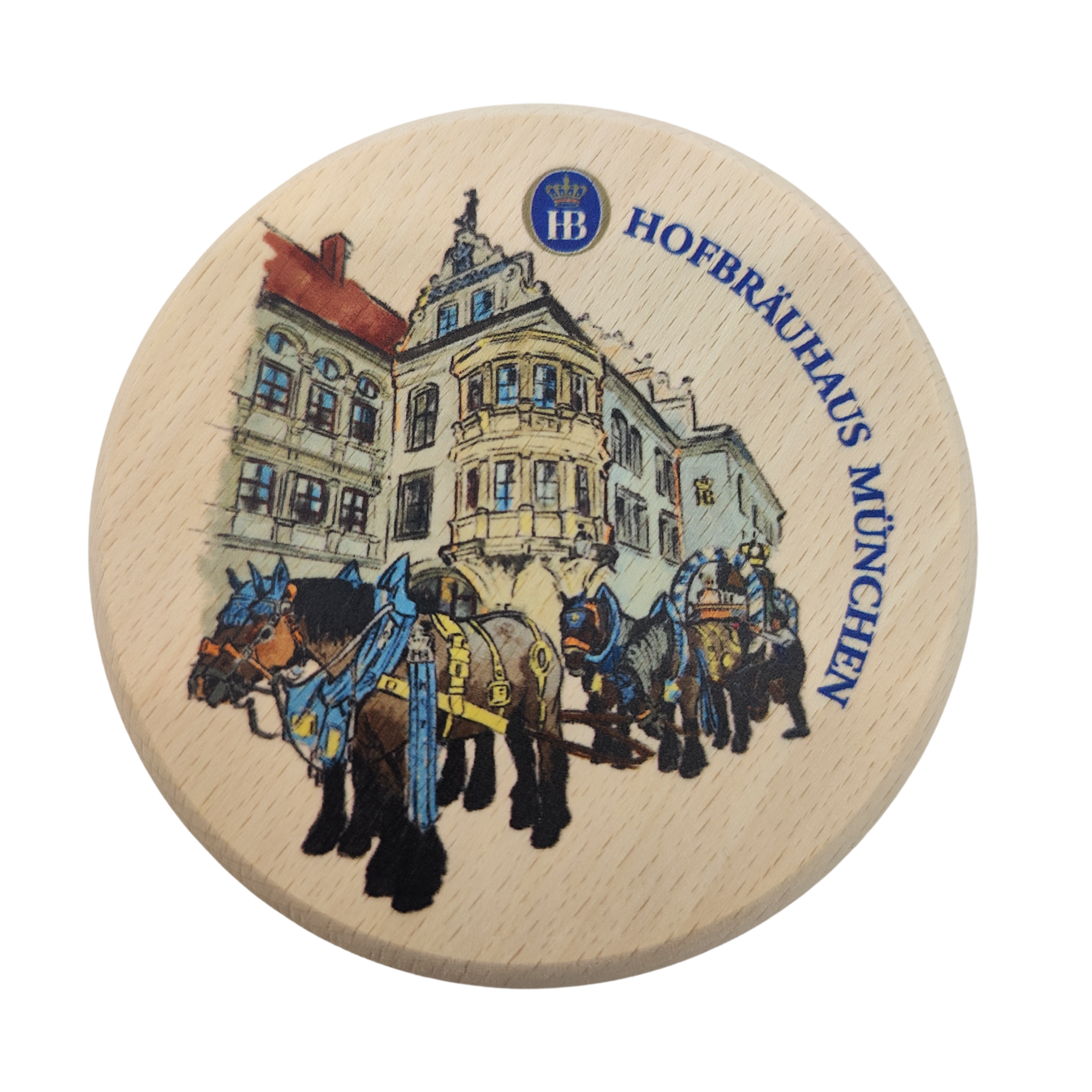 Runder Holzuntersetzer mit farbiger Illustration des Hofbräuhaus München und eines Pferdegespanns, sowie dem blauen Hofbräuhaus-Logo.