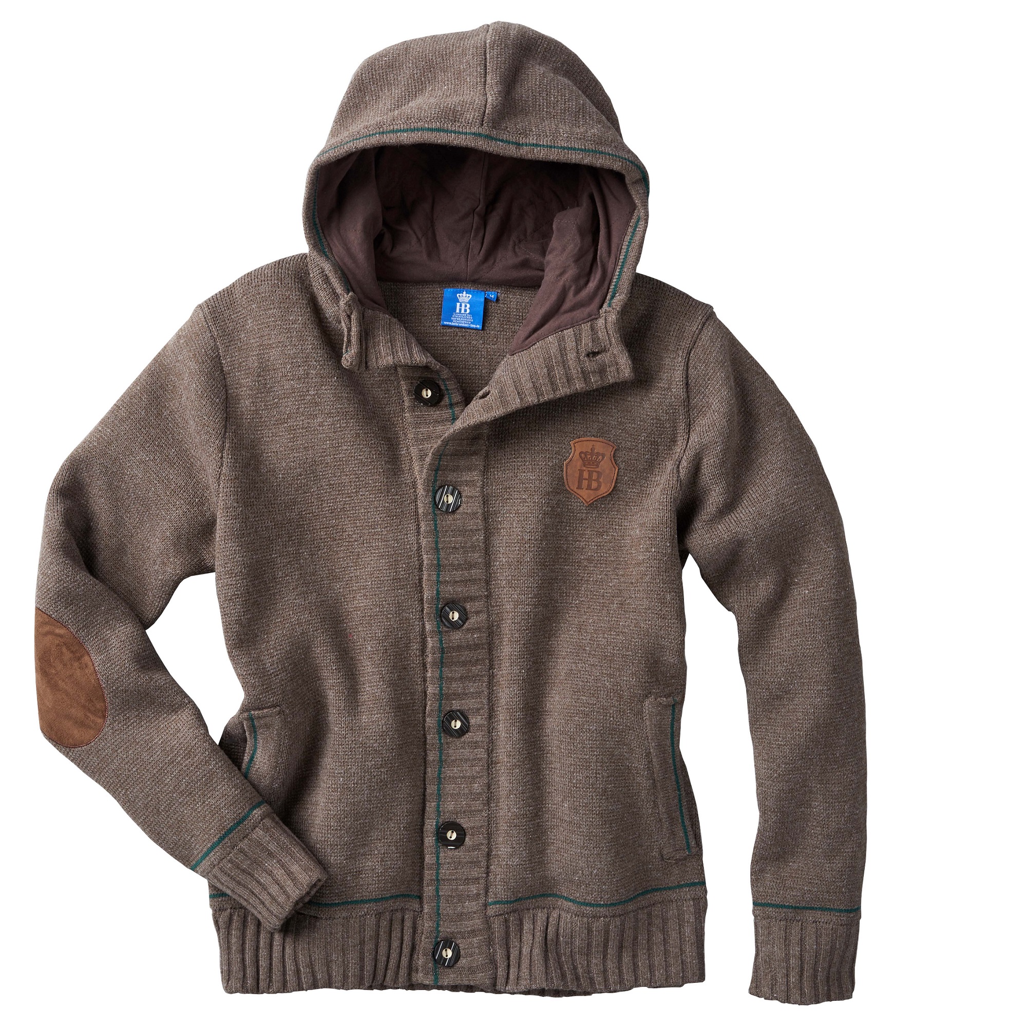Braune Strickjacke im Trachtenstil mit Kapuze, Knopfleiste und Hofbräuhaus München Logo.