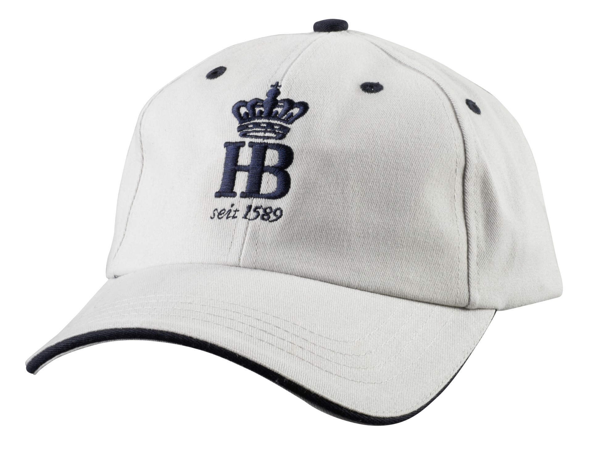 Helle Baseballcap mit dunkelblauem Hofbräuhaus-Logo, Krone und der Aufschrift ‚seit 1589‘
