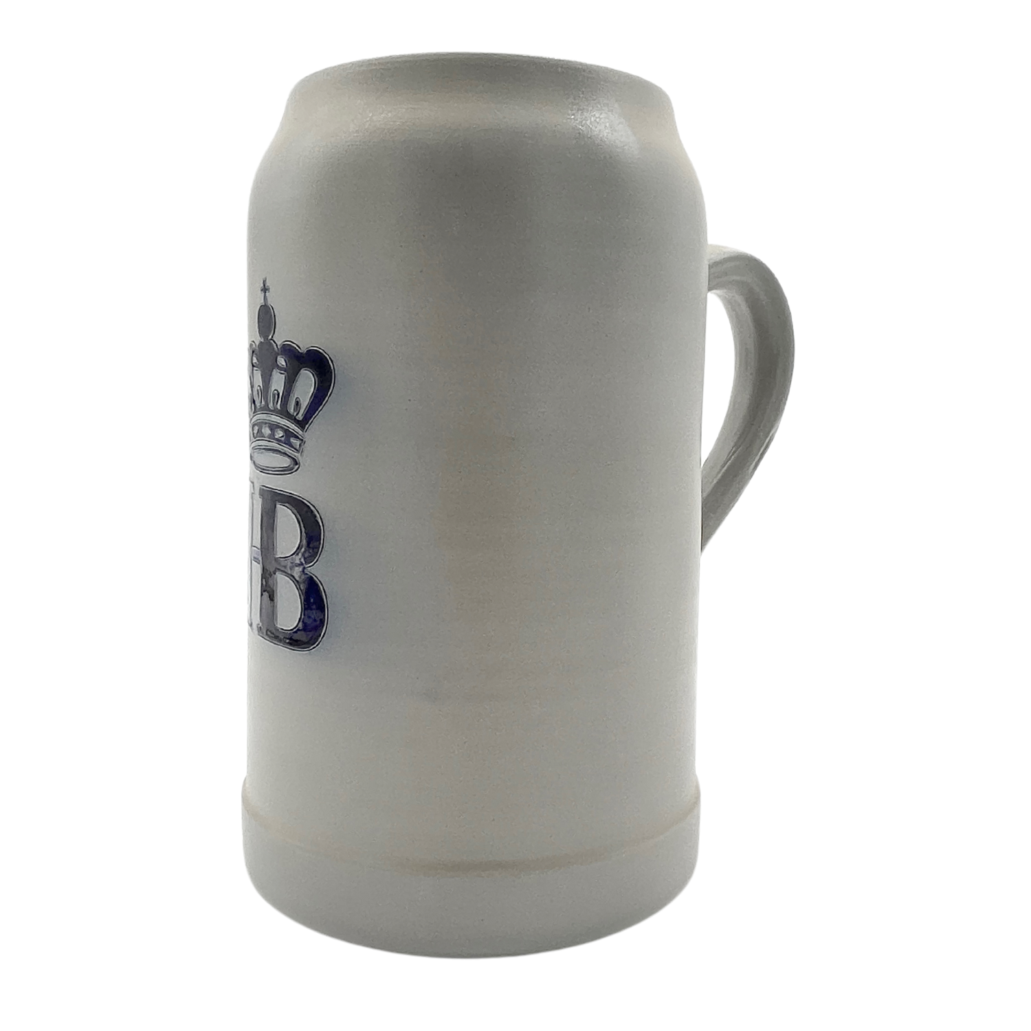 Großer Bierkrug aus Stein mit dunkelblauem Hofbräuhaus-Logo und Krone.