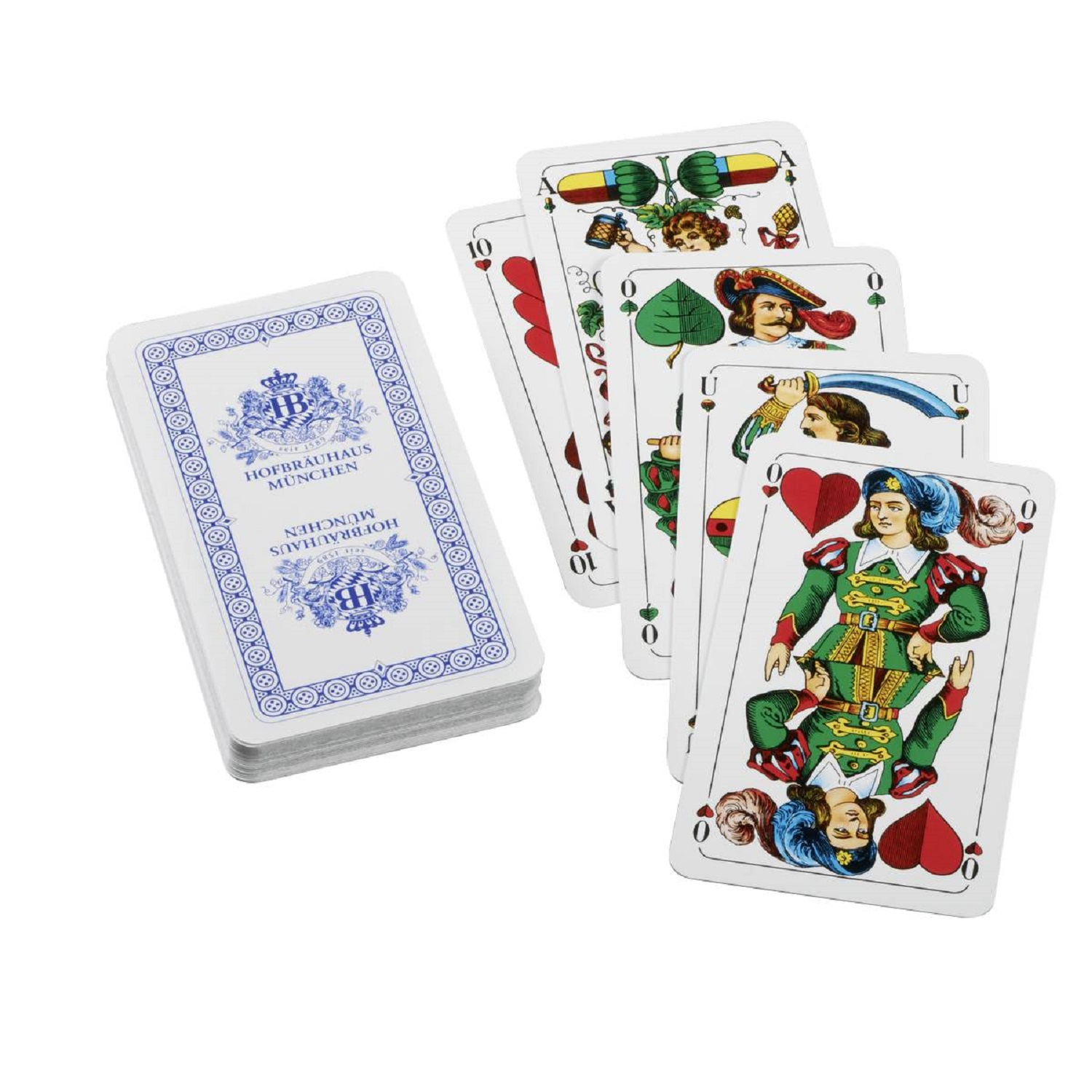 Schafkopf-Spielkarten-Set mit Hofbräuhaus München Rückseite in Blau-Weiß. Vorderseiten zeigen bunte traditionelle Spielkartenmotive.