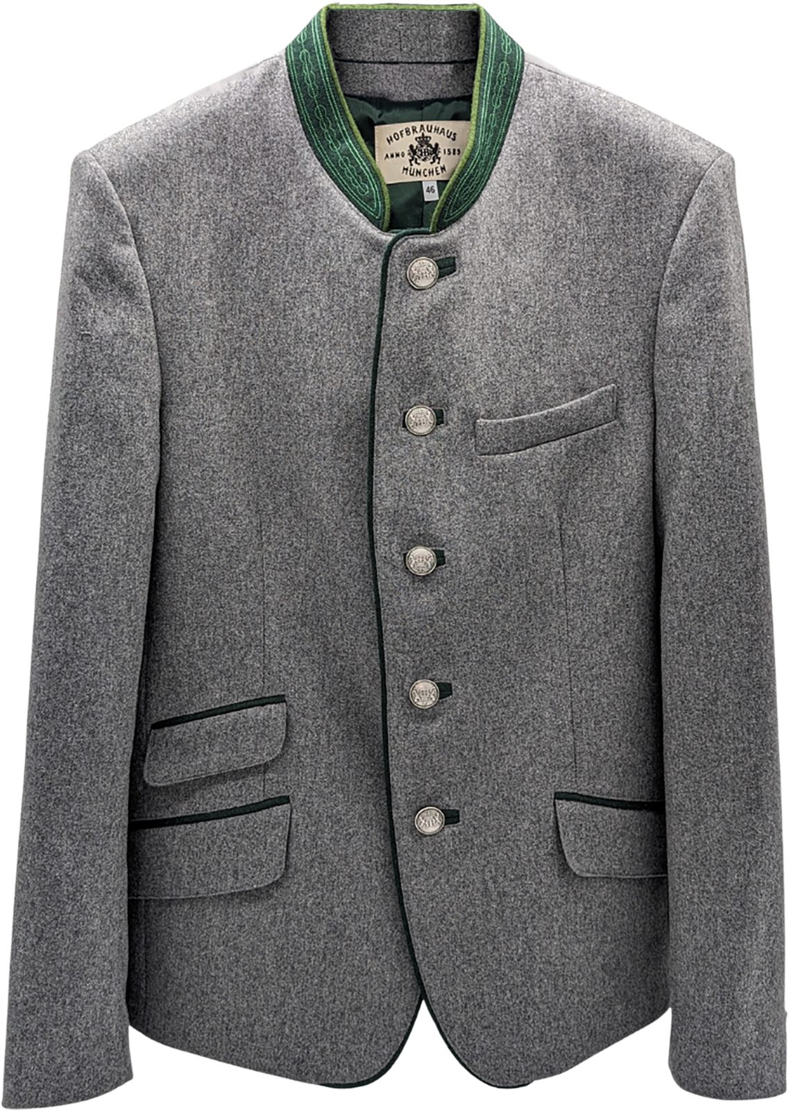 Vorderansicht eines traditionellen grauen Jankers mit grünem Kragen, fünf silbernen Knöpfen, einer kleinen Brusttasche links , einer Tasche links unten und zwei unteren Taschen rechts.
