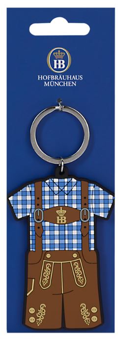 Schlüsselanhänger in Form einer bayerischen Lederhose mit blau-weiß kariertem Hemd und HB-Logo.