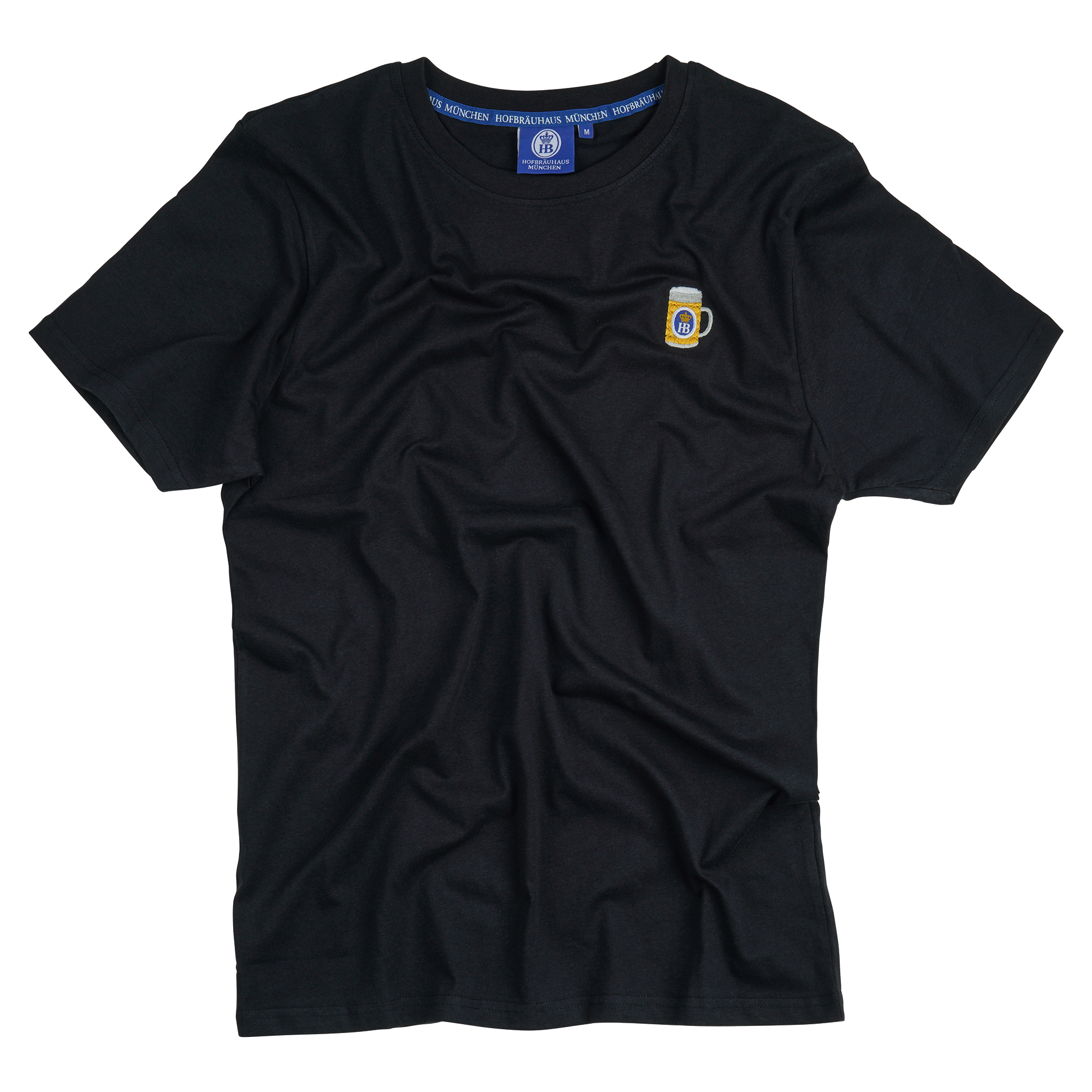 Schwarzes Rundhals-T-Shirt mit gesticktem Maßkrug auf der linken Brust