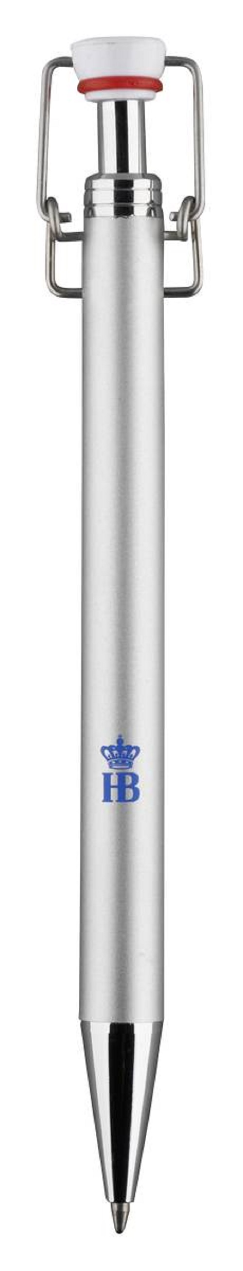 Silberner Kugelschreiber mit Hofbräuhaus München Logo und Bügelverschluss