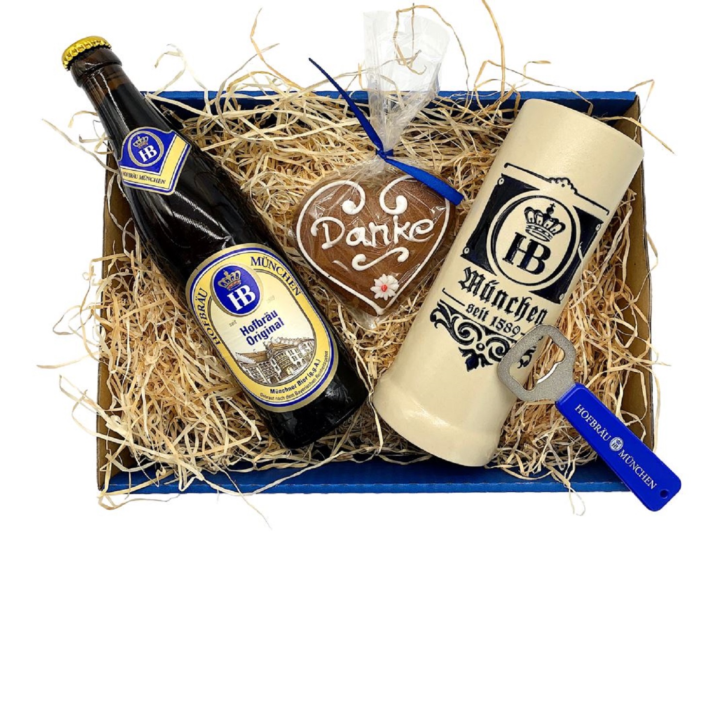 HB Geschenkbox 'Danke' mit Hofbräu Original Bierflasche, Steinkrug, Lebkuchenherz mit Aufschrift 'Danke' und Flaschenöffner im Holzwolle-Geschenkset.