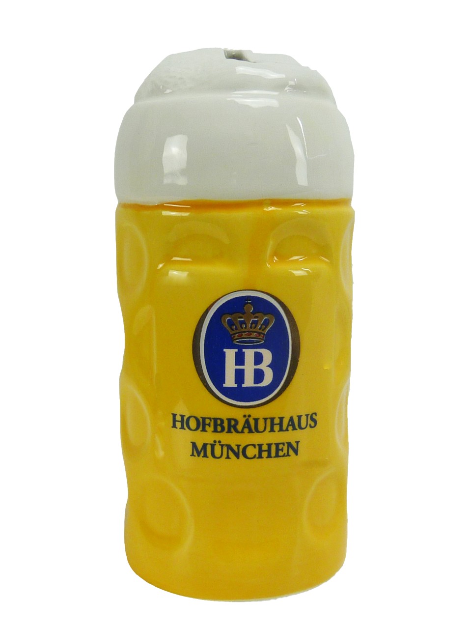 Spardose in Form eines gelben Bierkrugs mit weißem Schaumdeckel, Hofbräuhaus München Logo auf der Vorderseite.