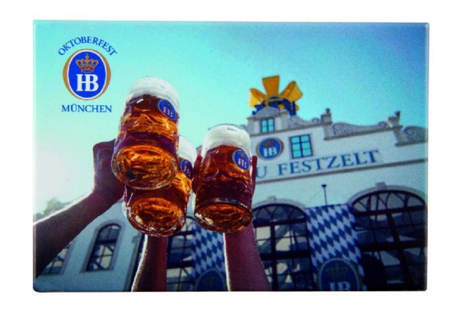 Fotomagnet mit Motiv des HB-Festzelts und hochgehaltenen Maßkrügen voller Bier