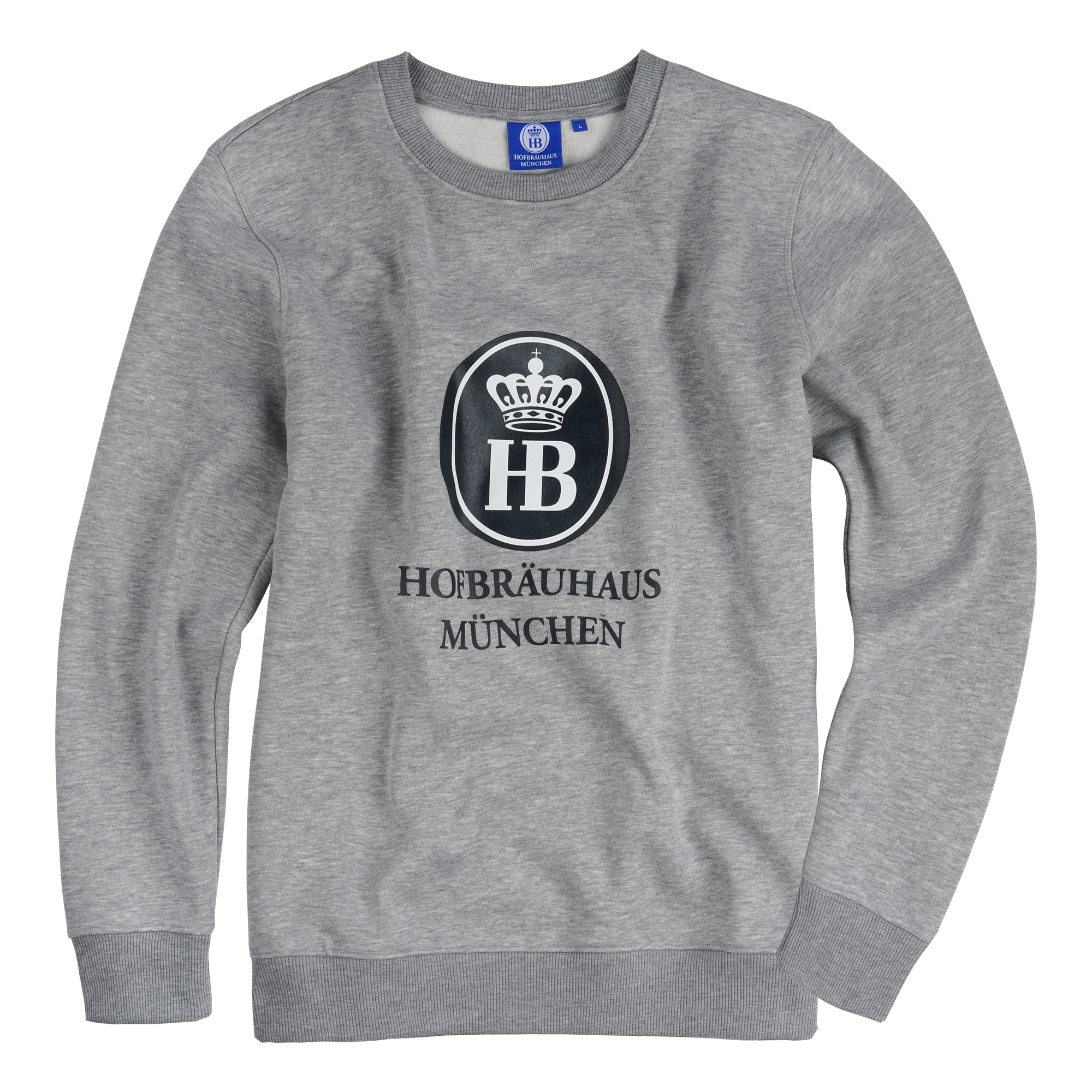 grauer Crewneck-Sweater mit  HB-Logodruck auf Brust und Hofbraeuhaus Muenchen Schriftzug