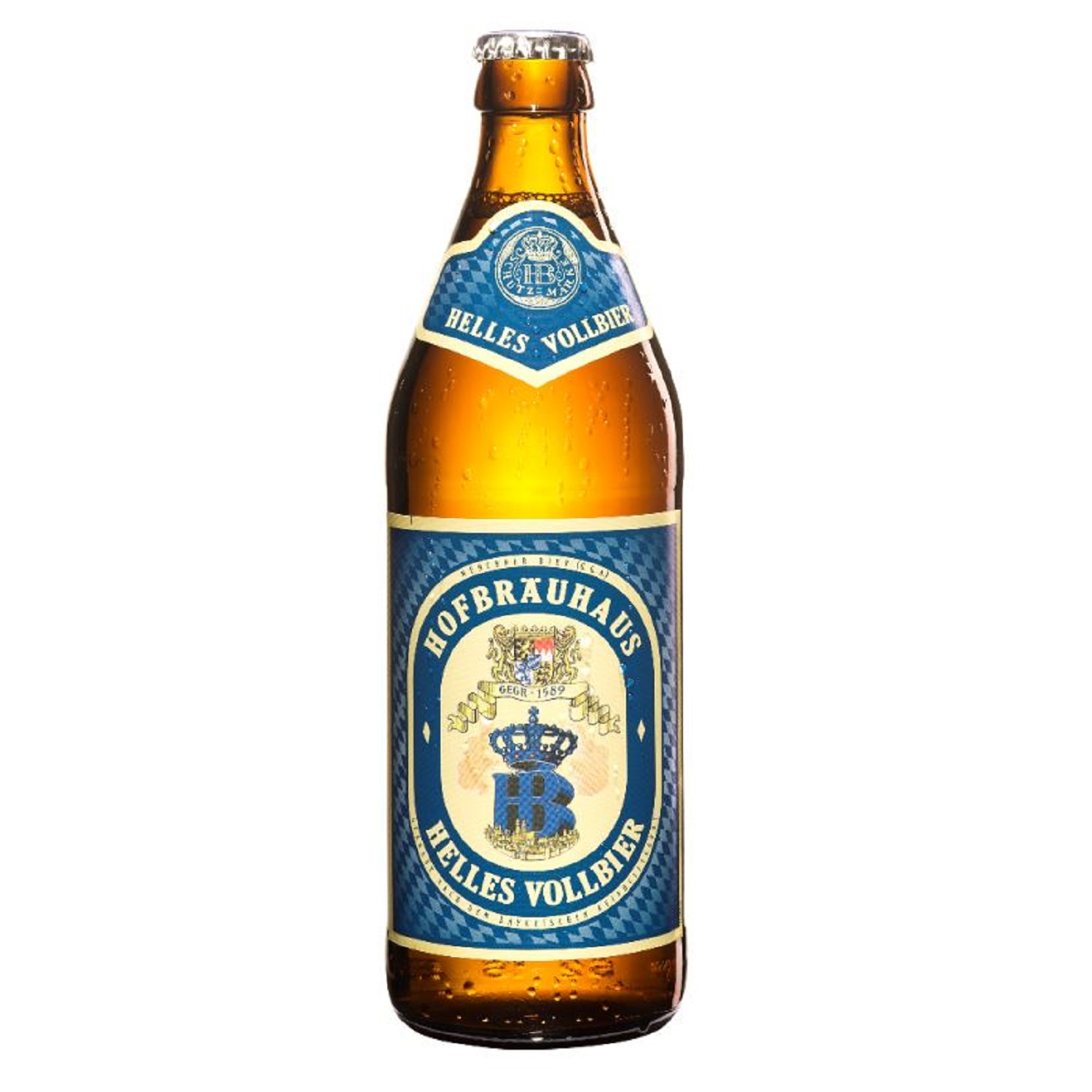 0,5 Liter Bierflasche Hofbräuhaus München Helles Vollbier mit blauem Etikett und HB-Logo