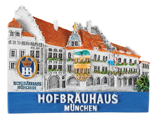 Dekorativer Magnet mit farbiger Miniaturdarstellung der Hofbräuhaus-Fassade in München, inklusive HB-Logo und Aufschrift ‚Hofbräuhaus München‘.
