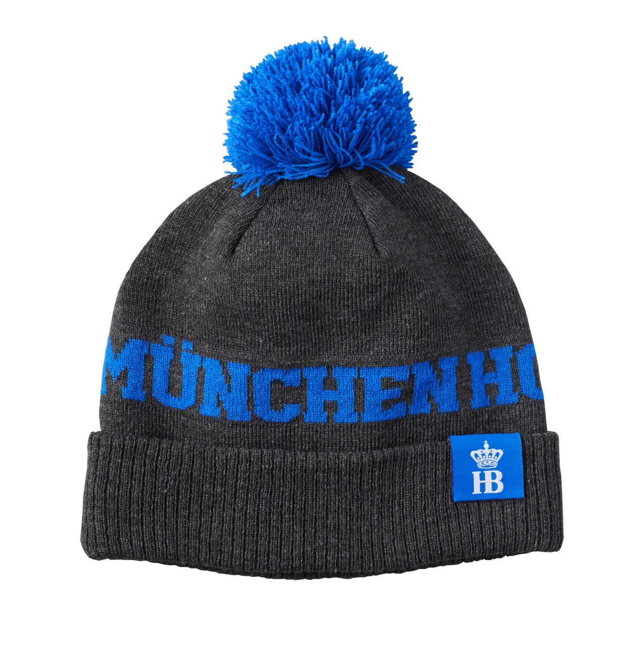 HB Strickmütze in schwarz mit blauer Schrift "München Hofbräuhaus" und Das HB Logo mit Krone