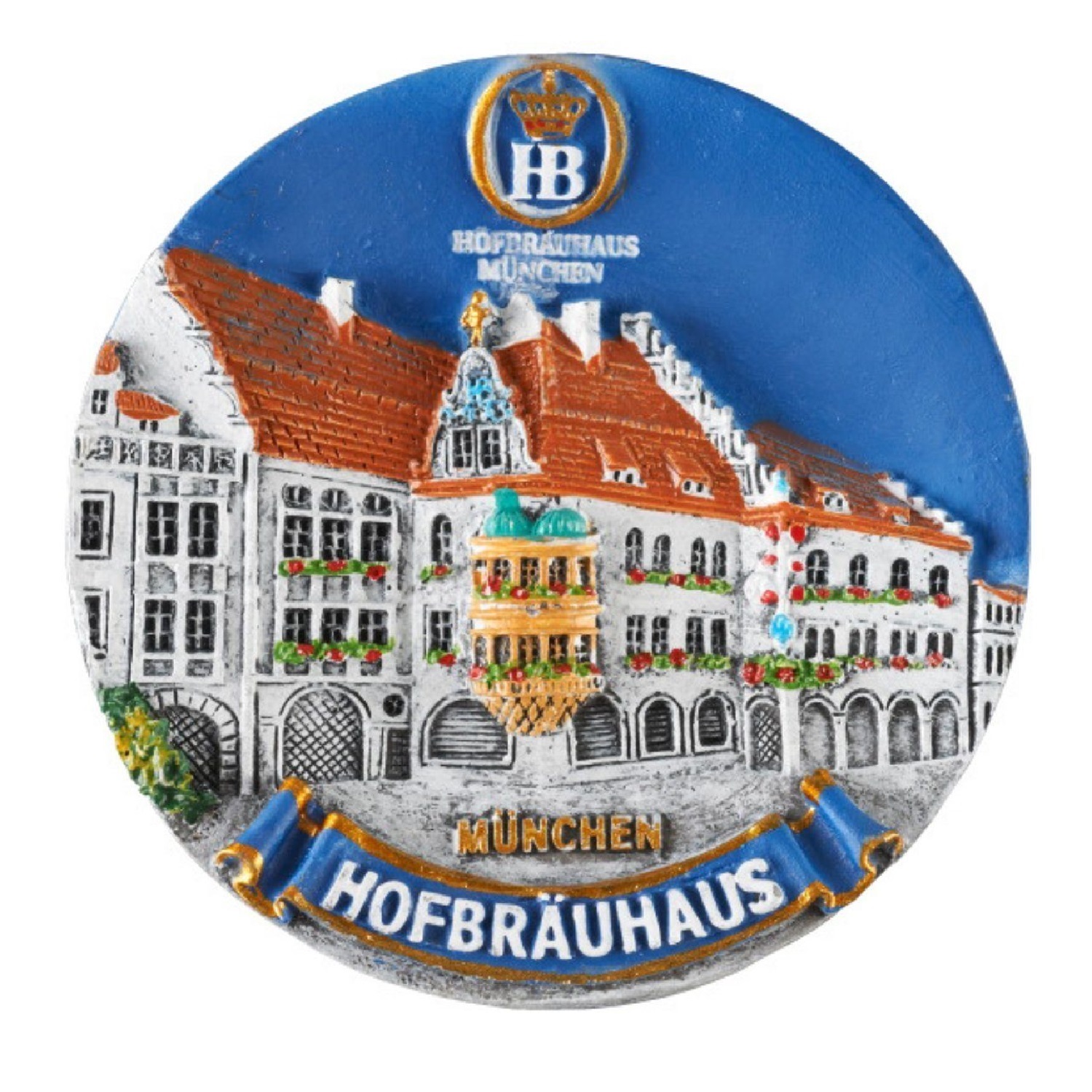 Runder Magnet mit 3D-Relief des Hofbräuhaus München, blauer Himmel mit HB-Logo und Schriftzug 'Hofbräuhaus München'