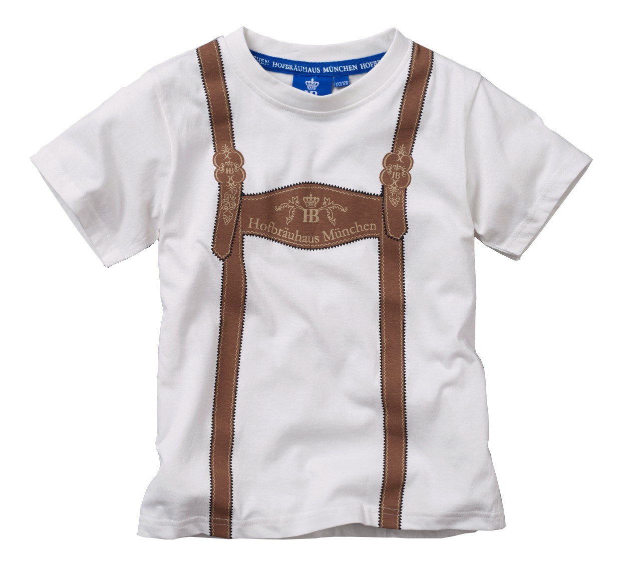 Weißes Kinder-T-Shirt mit aufgedrucktem Lederhosen-Motiv und Hofbräuhaus München Logo.
