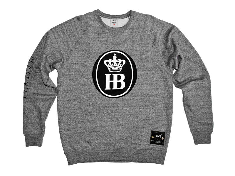 Grauer Hofbräuhaus München Sweatshirt mit großem HB-Logo und Krone auf der Vorderseite