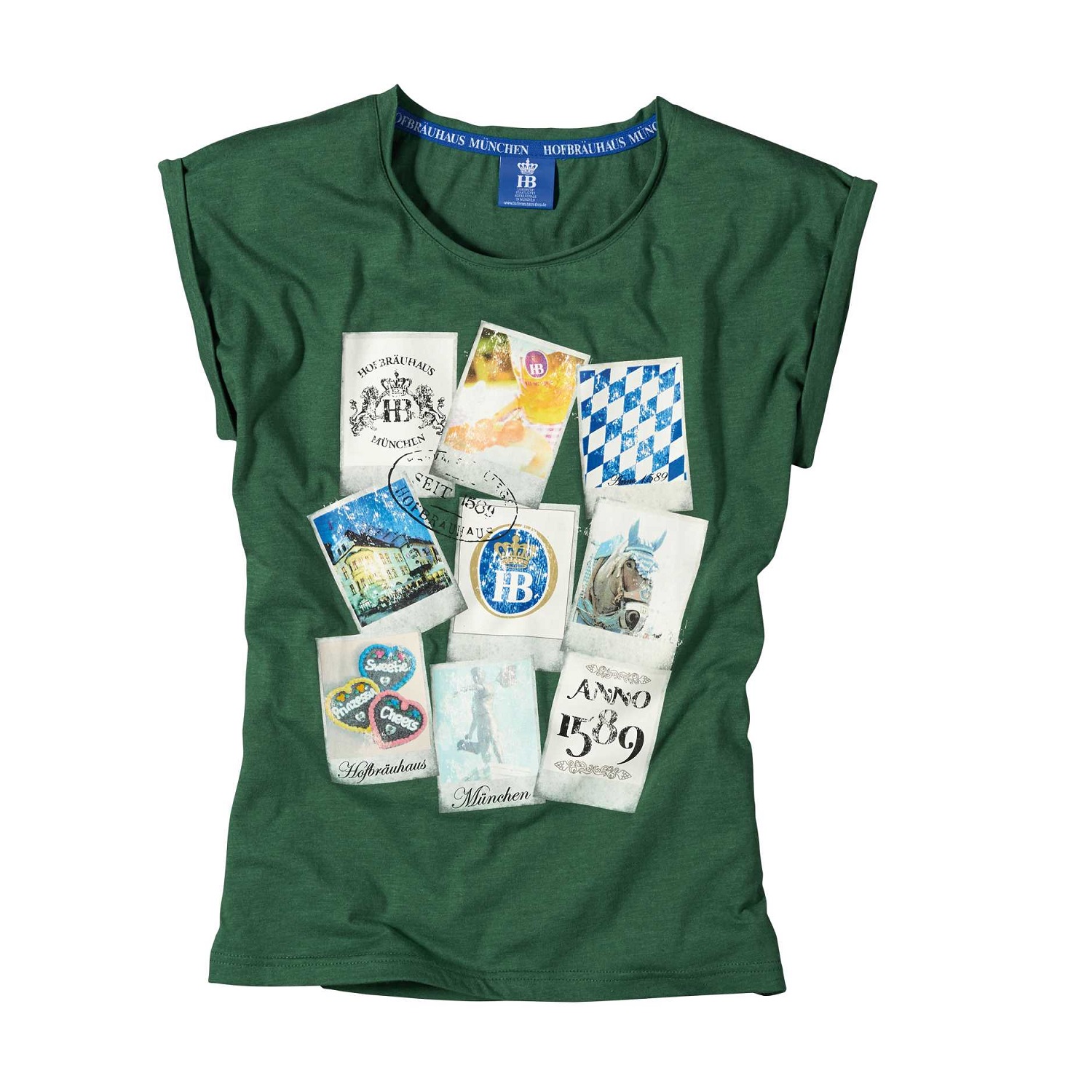 grünes T-Shirt mit sehr kurzen Ärmeln und Polaroidbildermotiven auf Vorne