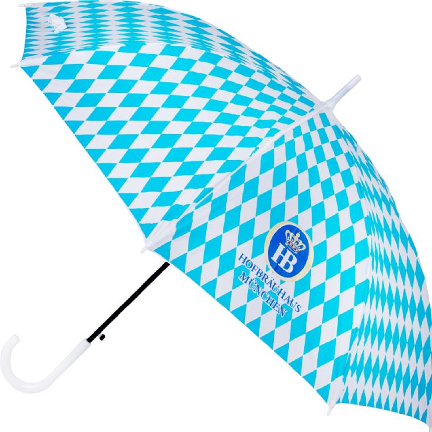 Regenschirm im weiß-blauen Rautenmuster, verziert mit dem HB-Logo und der Aufschrift 'Hofbräuhaus München